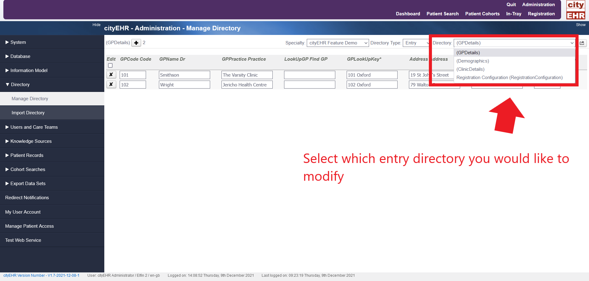 Selecting the directory to modify