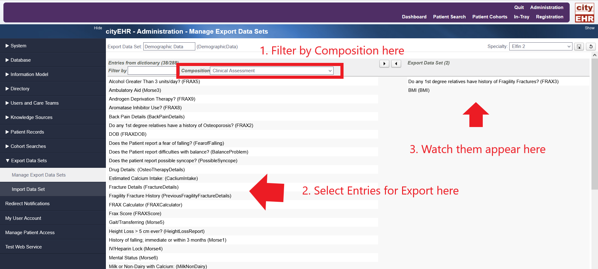 Selecting Entries to Add to Exported Data Set