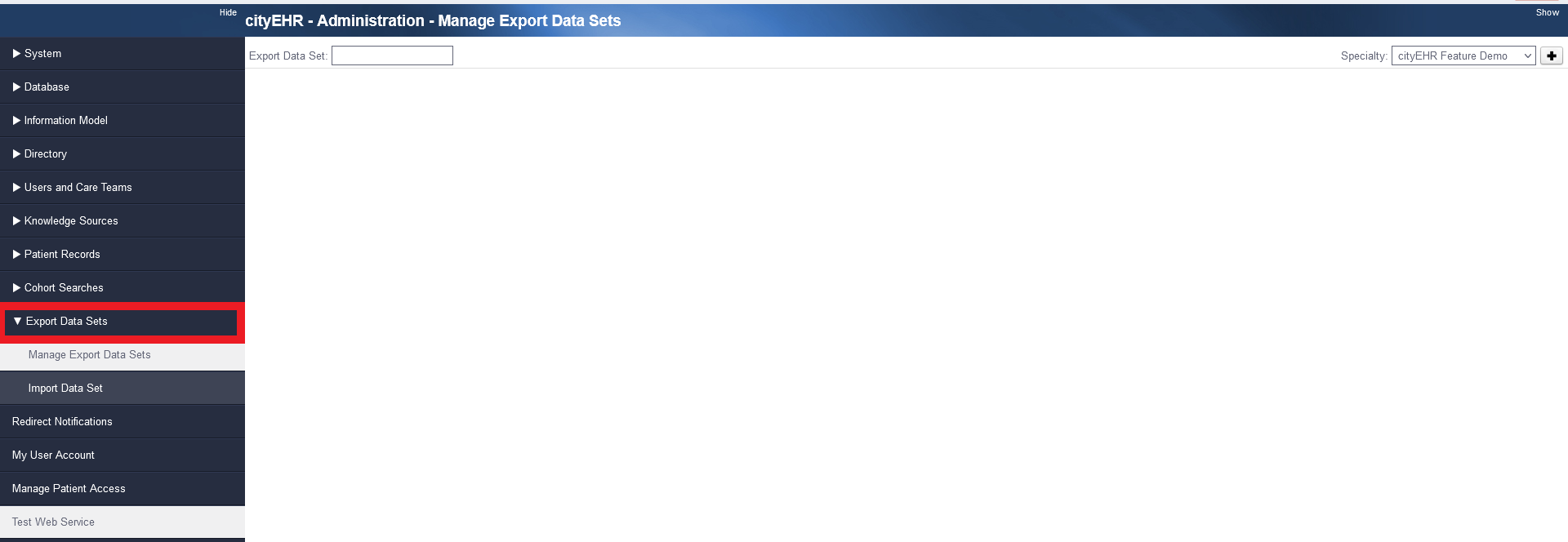 Manage Export Data Sets Page