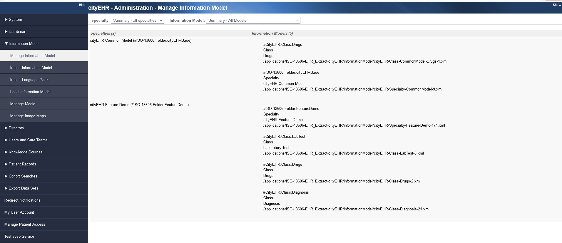 Base Manage Information Model screen 