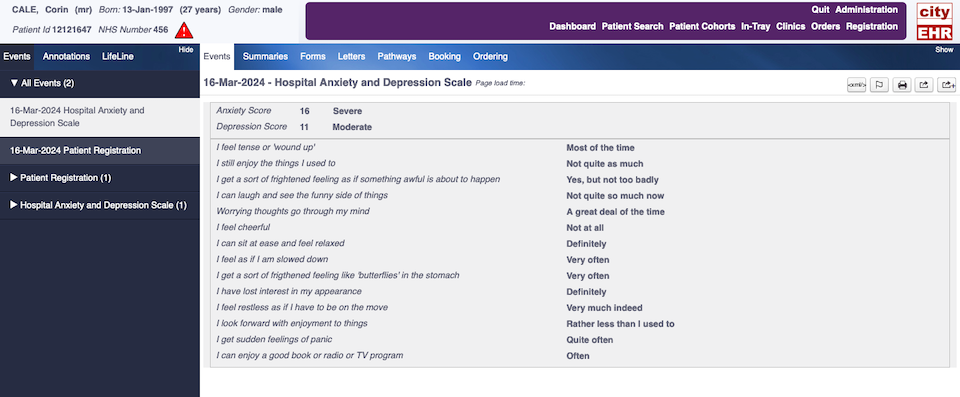 Patient Record Folder with Completed Hospital Anxiety and Depression Scale Form