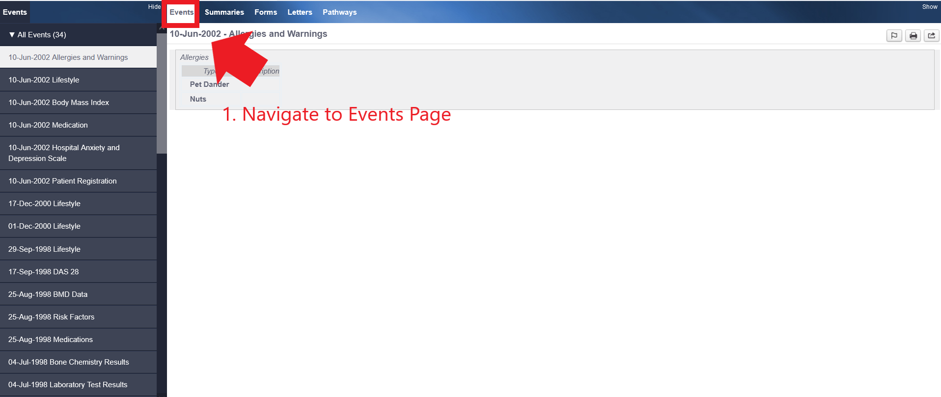 Navigating to Patient Events Page