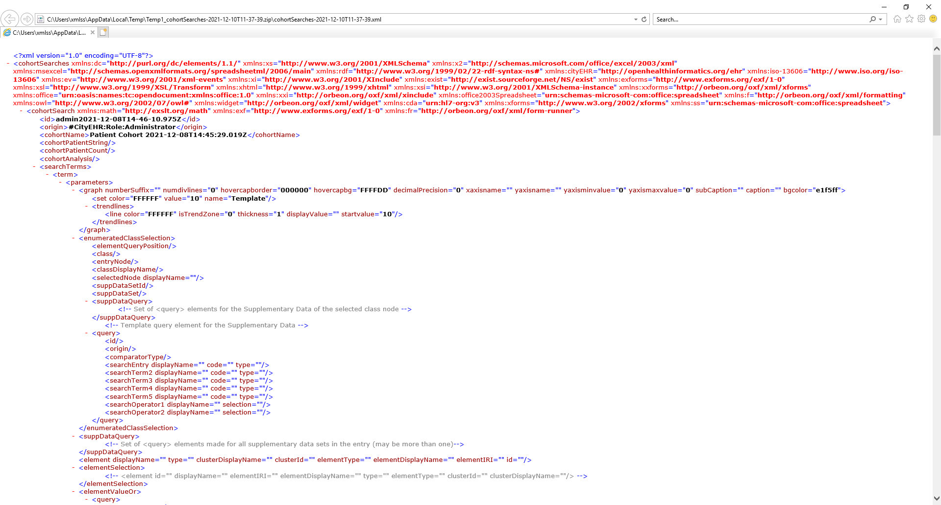 Window displaying extracted cohort XML file