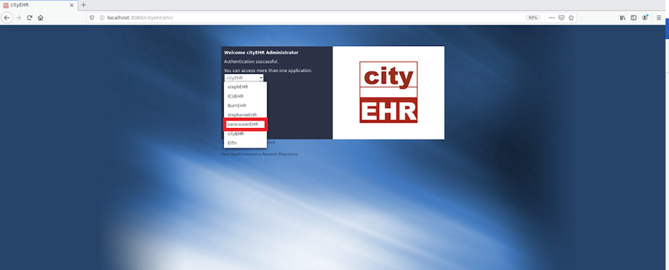 Selecting your application on cityEHR log on page