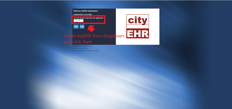 Selecting alternative application on cityEHR log on page