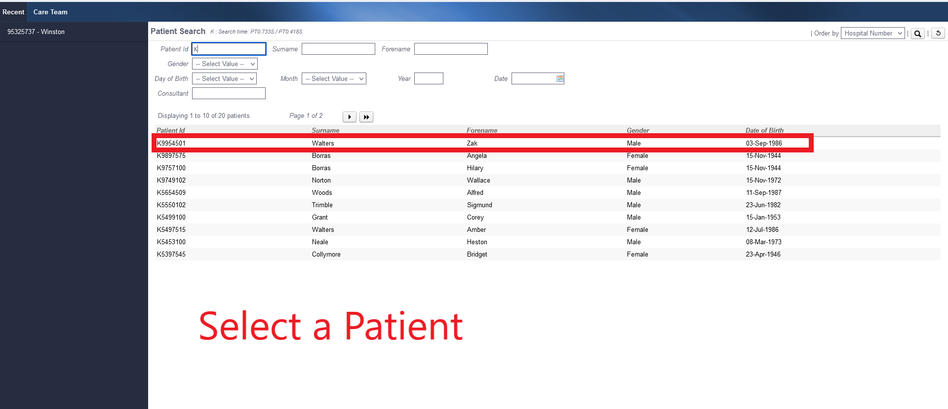 Selecting a Patient for Record Export