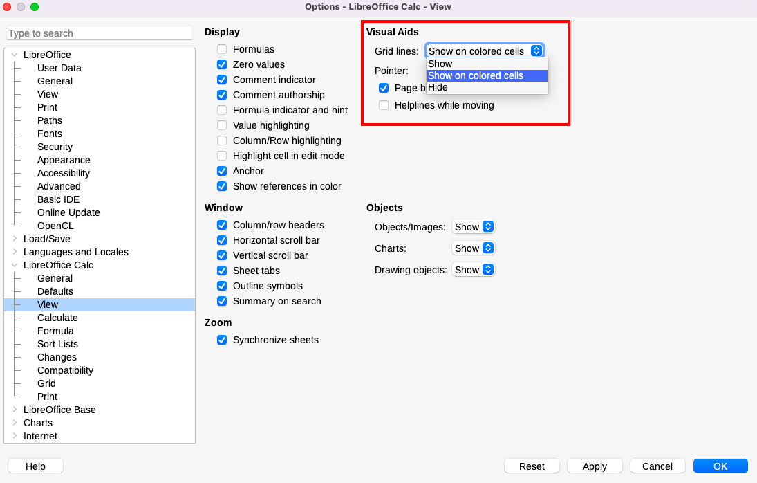 LibreOffice Calc options for grid-line display